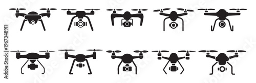 Set of minimalist drone icons with camera lenses for professional aerial cinematography and mapping services