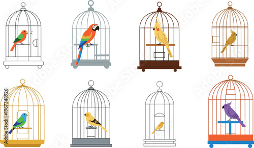 Bird Cage Illustration Set with Colorful Parrots and Songbirds Decorative Vintage and Modern Birdcages Collection for Pet Design Nature Theme and Vector Graphics.