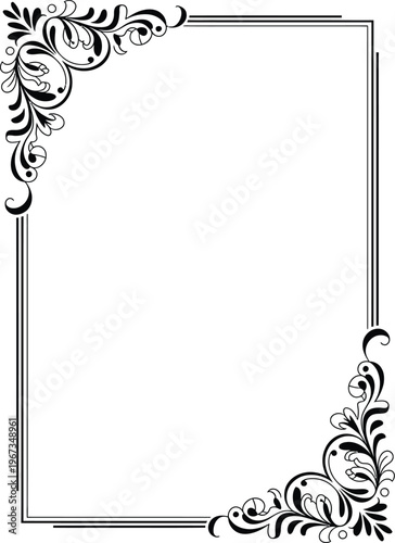 Rectangular floral frame, rose border template with elegant hand drawn flourishes in two corners featuring foliage and blossom decorative vector design on white background.