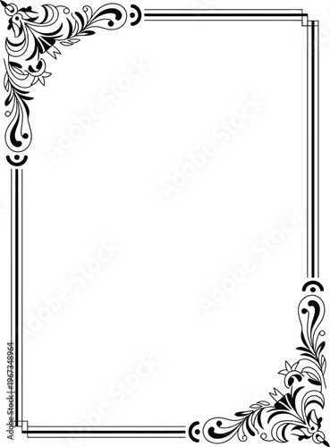 Rectangular floral frame, rose border template with elegant hand drawn flourishes in two corners featuring foliage and blossom decorative vector design on white background.