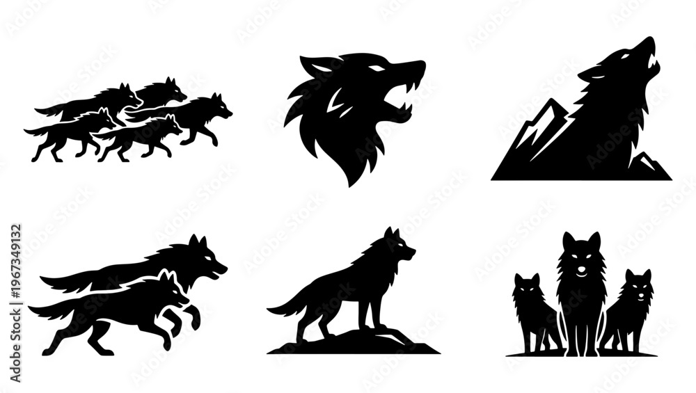 Fototapeta premium Black wolf silhouette vector set, howling wolf head and running pack icons, wild animal mascot collection for logos and branding