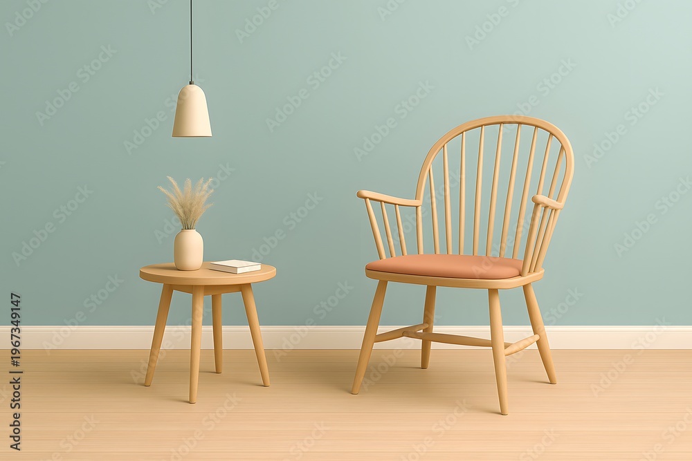 Fototapeta premium Minimalist room featuring light wood windsor chair with cushion and side table against a green wall.