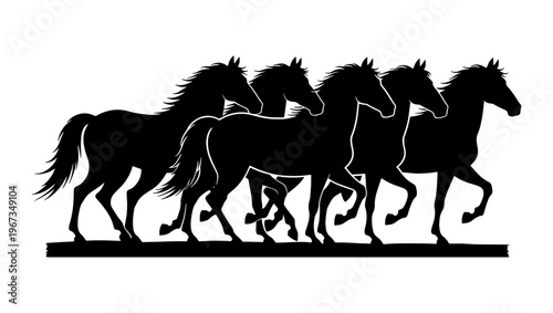 Galloping horses silhouette vector, group of five wild stallions running in a herd, black equine animals on white background, equestrian sports graphic