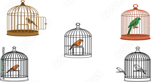 Bird Cage Illustration Set with Vintage and Modern Birdcages and Colorful Birds Decorative Pet Cage Collection for Nature Design and Vector Graphics.