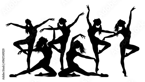 Graceful ballet dancer silhouettes in motion, set of female contemporary dancers performing expressive poses, black vector silhouettes on white