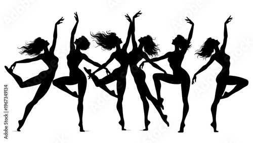 Graceful ballet dancer silhouettes in motion, elegant female performers set, black vector silhouettes of women dancing on white background