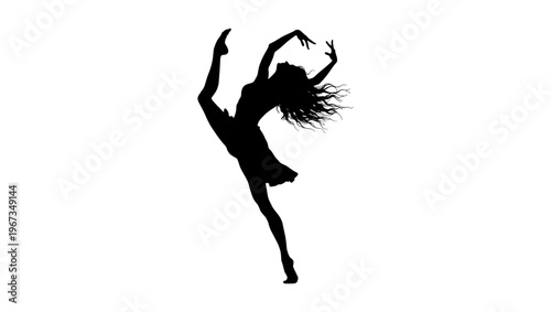Graceful ballerina silhouette in dynamic dance pose, elegant female dancer vector illustration, expressive ballet performer jumping with flowing hair