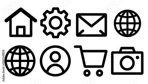 Minimalist black line web icons set, 8 essential UI vector elements, modern interface symbols for website navigation and mobile apps