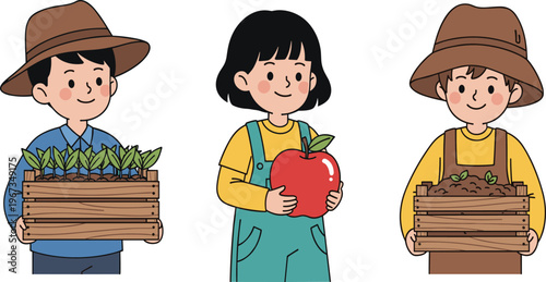 Cute Cartoon Farmers Holding Fresh Vegetables, Apple, and Seedlings in Wooden Crates Illustration Set for Organic Farming, Agriculture, and Healthy Food Design Projects.