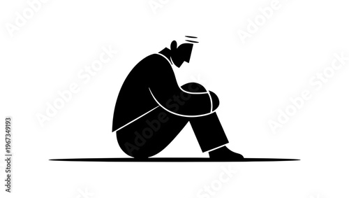 Depressed man silhouette sitting on floor, lonely person in despair, sad male figure experiencing mental health issues and grief, black and white vector