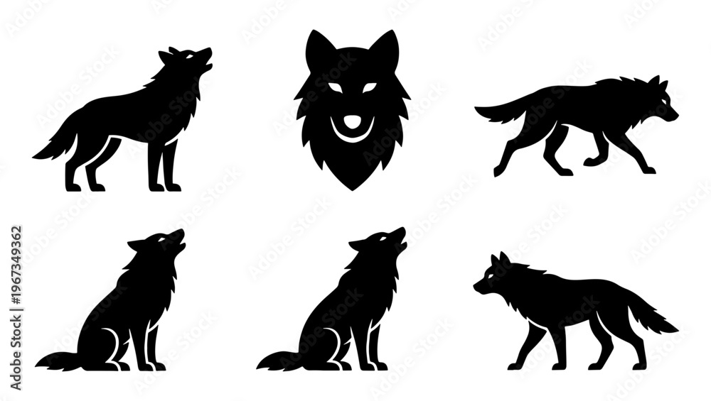 Obraz premium Wolf silhouette vector set with 6 elements, howling wolf icons and predator head mascot, wild animal silhouettes for logo design and outdoor branding