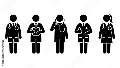 Medical doctor icon set, healthcare professional stick figures in black silhouettes, set of 5 physician and nurse vector characters for hospital signage