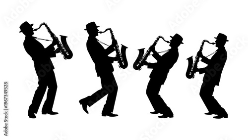 Jazz saxophone player silhouettes, set of four musician vector icons, black male saxophonist figures in fedora hats, musical performance graphics