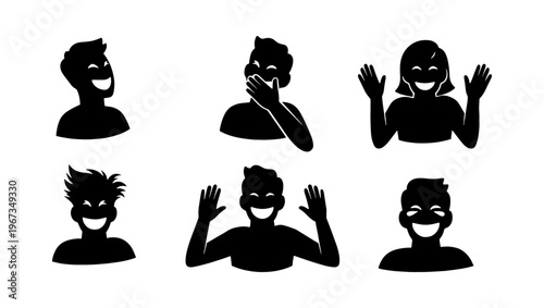 Laughing people silhouette avatars, set of 6 happy character icons, joyful men and women laughing out loud, black and white vector illustrations
