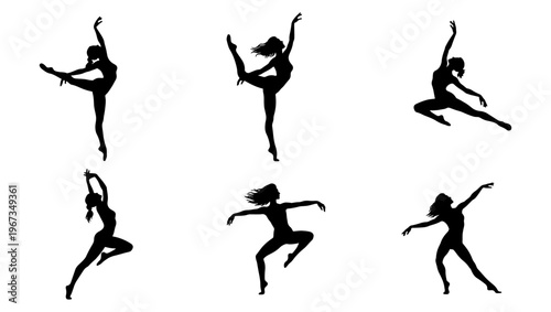 Graceful ballet dancer silhouettes set of 6 vector elements, elegant female contemporary dance poses, black rhythmic gymnastics figures