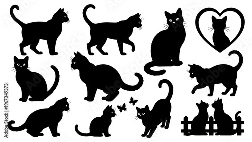 Black cat silhouettes collection, 11 domestic feline vector elements, kitten shapes in various poses, pet animal silhouettes for vinyl cutting