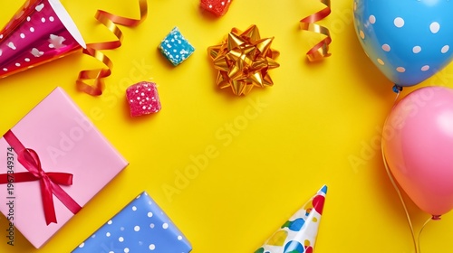 Colorful Party Decorations and Gifts Arranged on a Bright Yellow Background f...