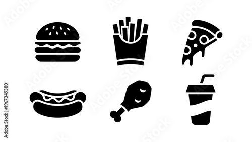 Fast food icon set with 6 black vector elements, junk food silhouettes including burger and pizza, restaurant menu symbols for takeout