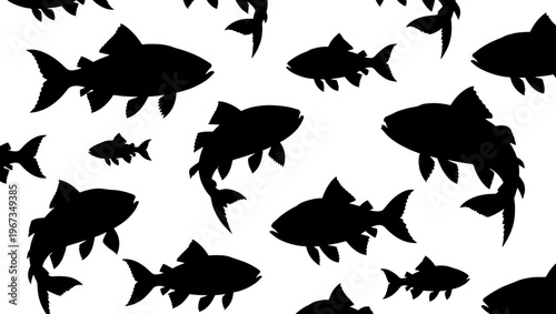 Black fish silhouettes pattern, swimming trout and salmon shapes, aquatic animal vector graphics on white background