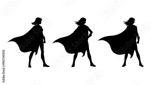 Superhero woman silhouette set, powerful female hero standing in cape, 3 vector icons of strong woman leader for empowerment and business success