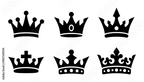 Royal crown silhouettes set, 6 black heraldic icons for premium branding, elegant king and queen headwear vector collection for luxury logos