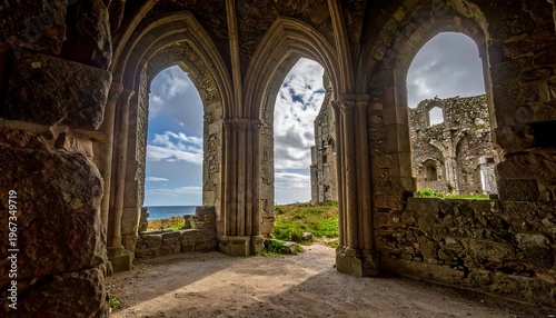 A stone arched building, its walls weathered, frames a sea vista. Through openings, a partial exterior view is presented, with clouds