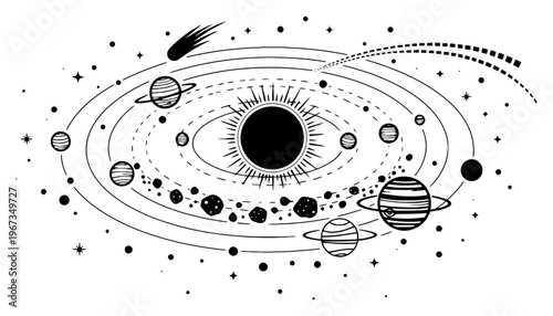 Solar system black silhouette vector illustration with planets and stars