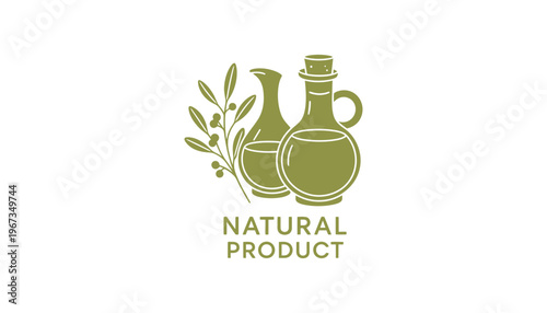 Olive oil natural product logo with green bottles and leaves illustration