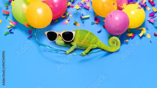 Colorful Balloons and Confetti on a Blue Background Create a Festive Scene fo...