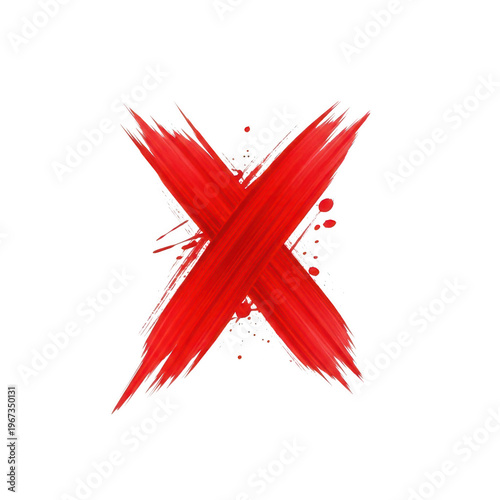 A vibrant red paint brush stroke forming an x shape with artistic splatter and textured edges