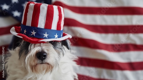 Dog Wears a Hat and Bow Tie While Fireworks Light up the Night Sky