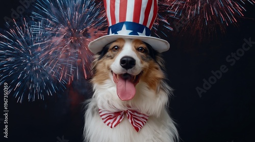 Dog Wears a Hat and Bow Tie While Fireworks Light up the Night Sky