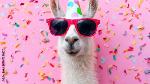 Llama Wears Sunglasses and Party Hat With Colorful Confetti in Background at ...