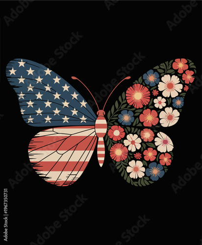 A vibrant butterfly illustration is composed of the American flag and floral patterns offering versatile design possibilities on transparent background.