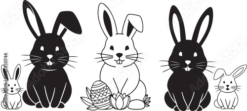 Easter bunnies in black and white.Easter bunny face, cartoon rabbit, black and white illustration।