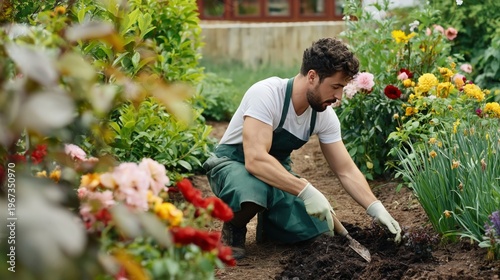 Gardener Works on Soil in Colorful Garden During Sunny Day