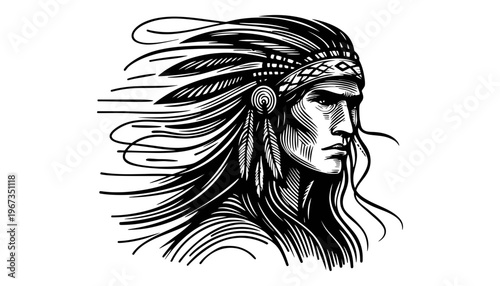 Native American chief vector illustration with feathers and long hair