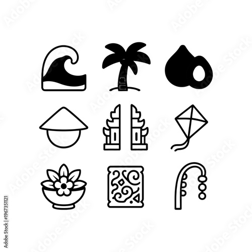 Set of bali icons with beach, island, and cultural vectors perfect for tourism brochures, travel websites, and destination postcards.
