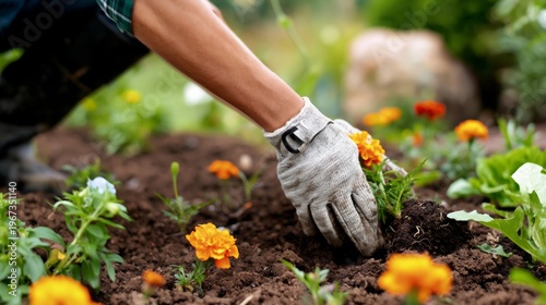Gardener Tends to Flowers by Planting Seeds in a Soil Bed During the Afternoon