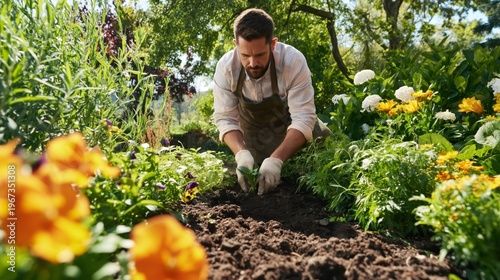 Gardener Works in a Vibrant Garden Filled With Flowers and Plants During a Su...