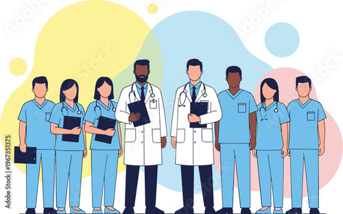 Medical team of diverse doctors and nurses in scrubs and lab coats standing together with clipboards in a hospital setting