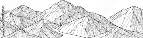 Halftone illustration  Mountain range landscape with peaks and slopes in a sketchy drawing style  natural scenery