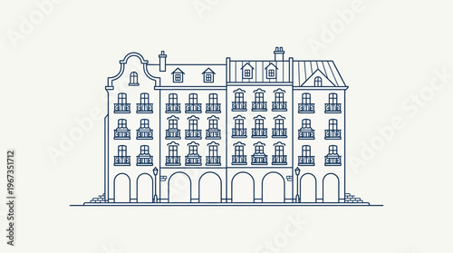 Blue outline drawing of a classic European building facade with arched windows and detailed roof, in bright studio.