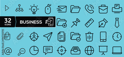Business icons and symbols on blue background
