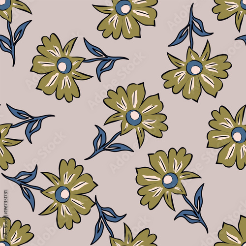 Seamless floral pattern, liberty ditsy print of mini plants in delicate pastel colors. Cute botanical design of tiny hand-drawn flowers and small leaves. Simple romantic pattern. Vector illustration.