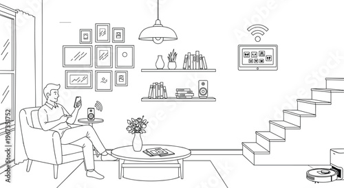 Smart home automation vector illustration featuring a man using a smartphone to control domestic devices in a modern living room