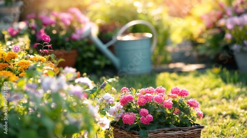Flower Garden in Afternoon Light With Watering Can and Plants