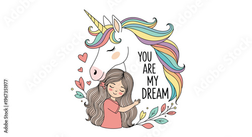 Cute girl hugging a white unicorn with a rainbow mane and hearts with an inspirational quote for dream-themed designs.