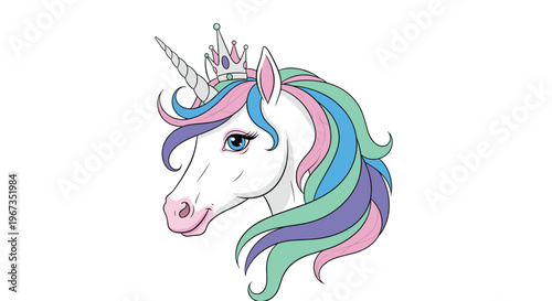 Magical unicorn head with a colorful flowing mane wearing a silver crown for fairy tale and princess-themed graphics.