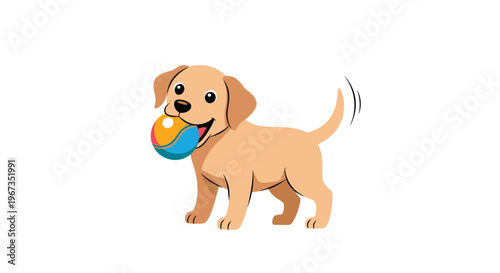 Playful Labrador puppy character holding a colorful ball in its mouth and wagging its tail for pet joy and fun concepts.